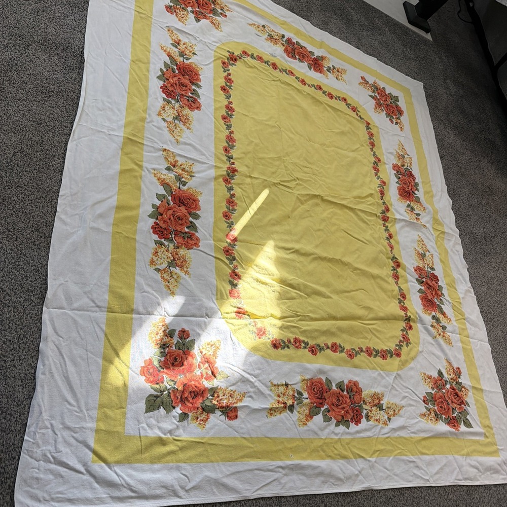 Vtg 1950s MCM Linen Tablecloth Rectangular 54x62" Yell Orange Flowers